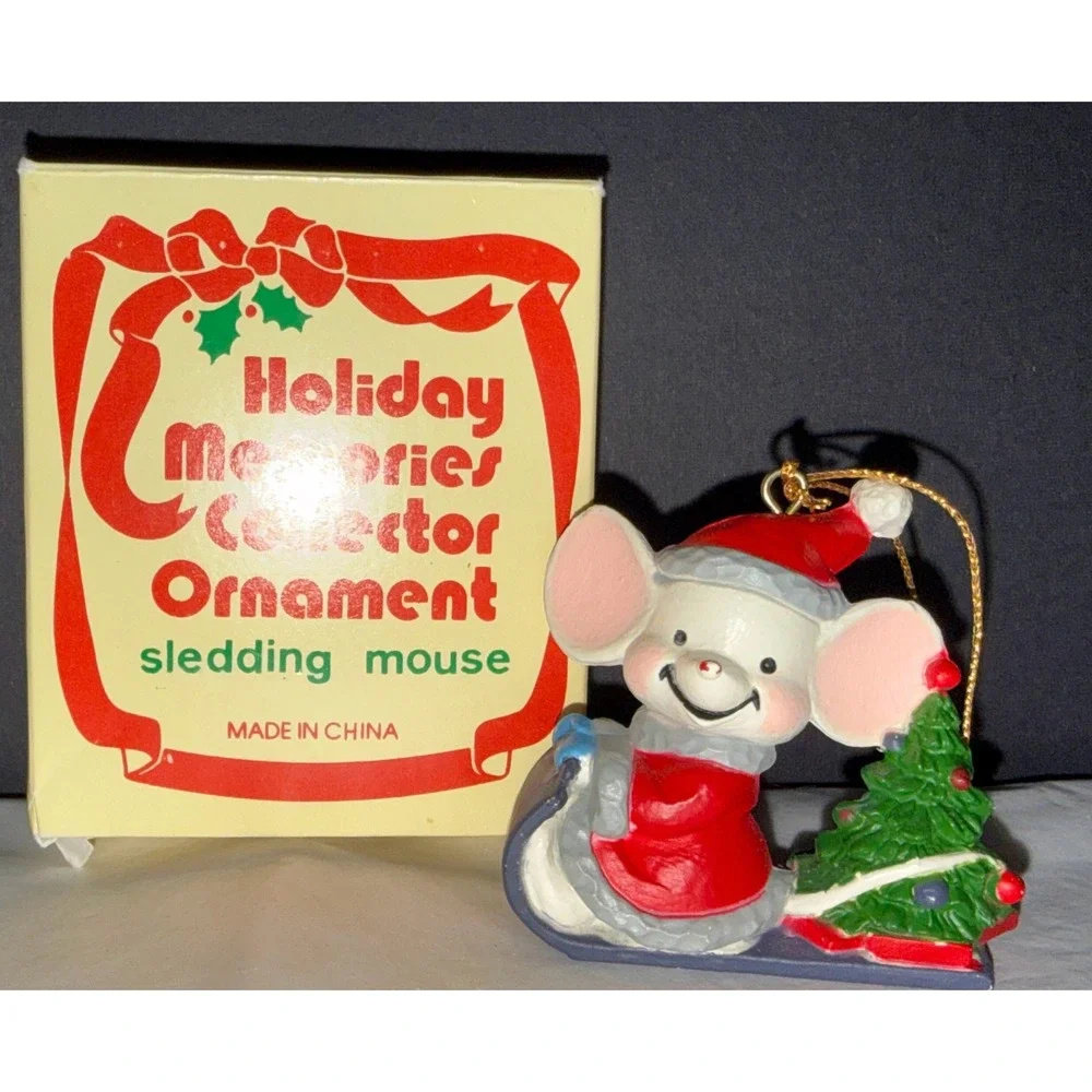 Vintage Holiday‎ Memories Christmas Ornaments Small Red White Mouse Sledding